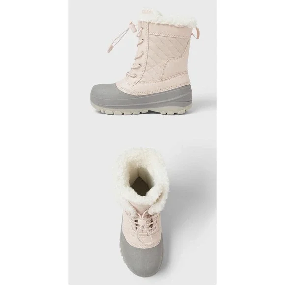 Cat & Jack Girls' sz 6 Pink Gray Winter Snow Boots Faux Fur Lace Up Insulated - Picture 1 of 6